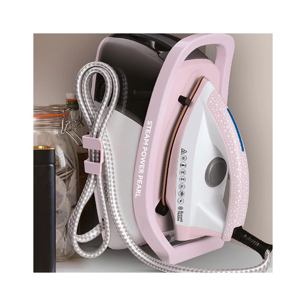 Russell Hobbs Steam Power Pearl Steam Generator Iron Ceramic Soleplate 2600W 1.3 Litres Water Tank - Pink & White