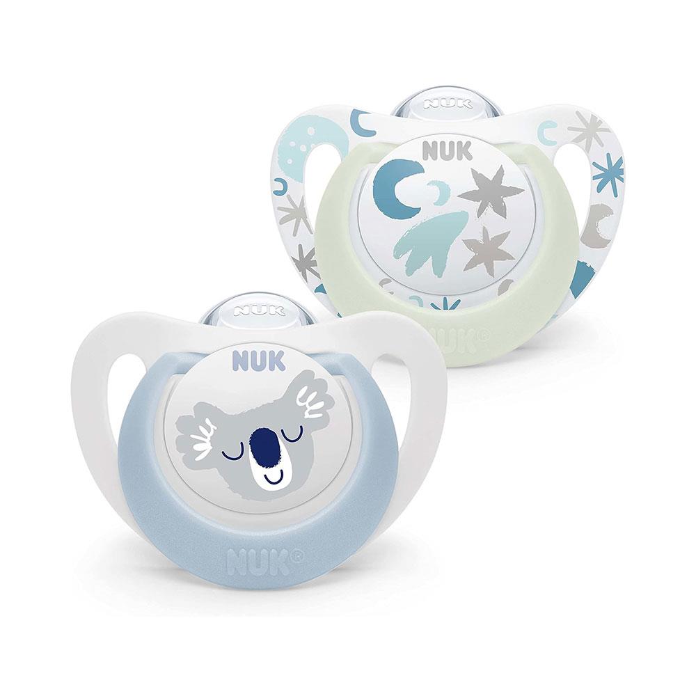 NUK Star Newborn Day & Night Baby Soother Dummy Silicone 0-6 Months 2 Count - Blue