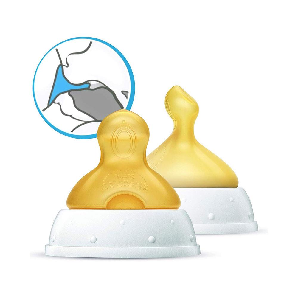 NUK First Choice Baby Bottle Latex Teat Size 2 Medium Feed Hole Orthodontic Anti-Colic 6-18 Months 2 Count - Yellow