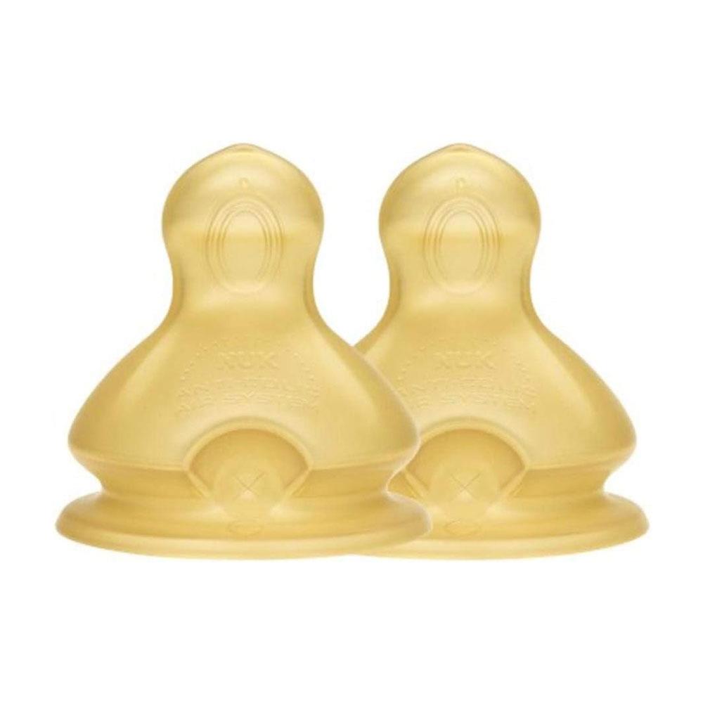 NUK First Choice Baby Bottle Latex Teats Size 2 Large Feed Hole Orthodontic Anti-Colic 6-18 Months 2 Count - Yellow