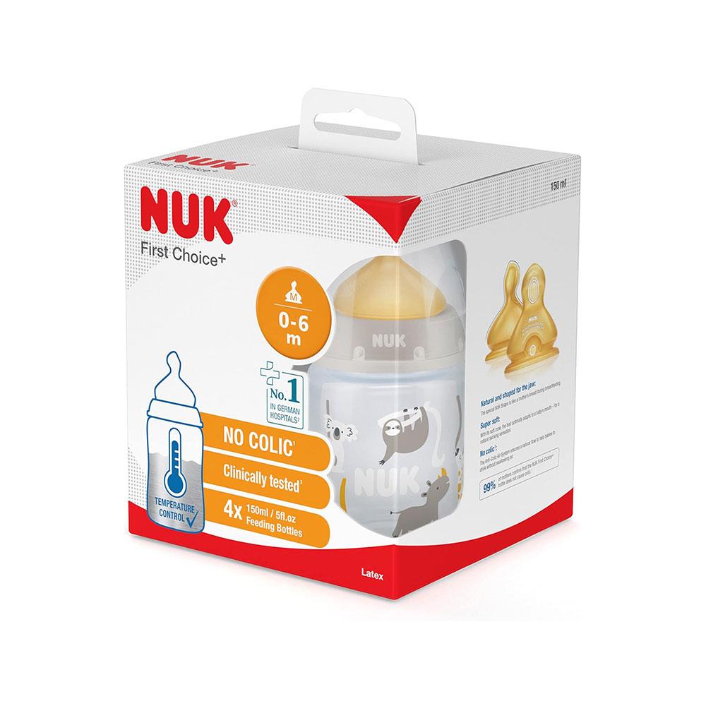 NUK First Choice+ Baby Bottles Set Temperature Control Anti Colic Vent Latex Teat 150ml 4 Pack - Beige
