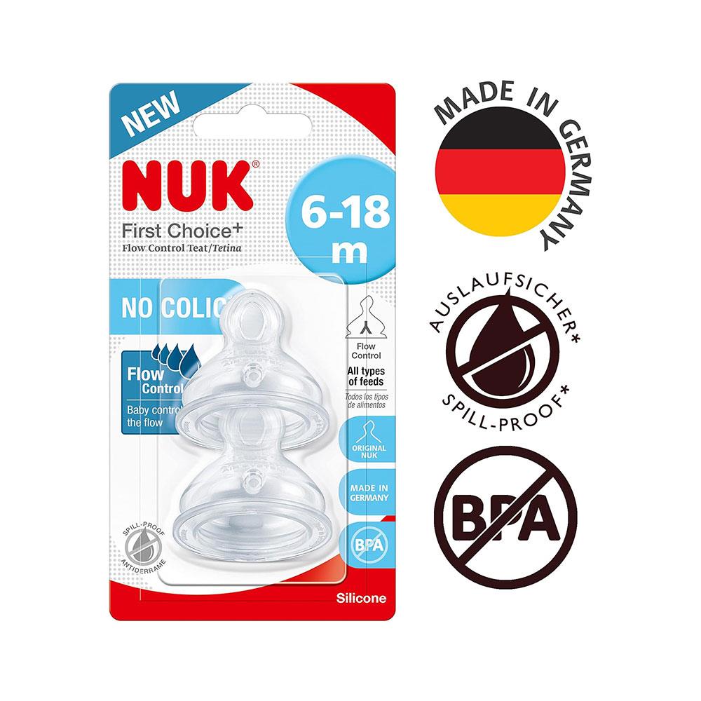 NUK First Choice+ Flow Control Silicone Baby Bottles Teat Size 2 Orthodontic Anti-Colic 6-18 Months 2 Count - Transparent