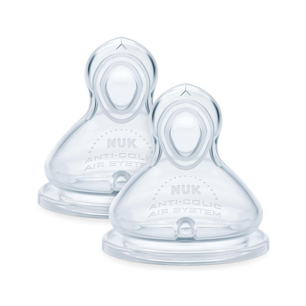 NUK First Choice+ Flow Control Silicone Baby Bottles Teat Size 2 Orthodontic Anti-Colic 6-18 Months 2 Count - Transparent