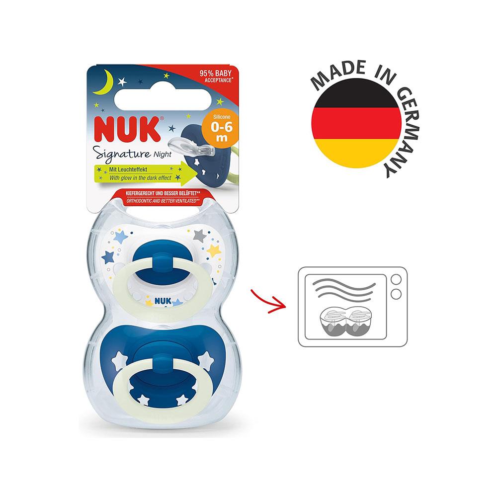 NUK Signature Night Glow-In-The-Dark Baby Soother Dummy Silicone 0-6 Months 2 Count - Blue Stars