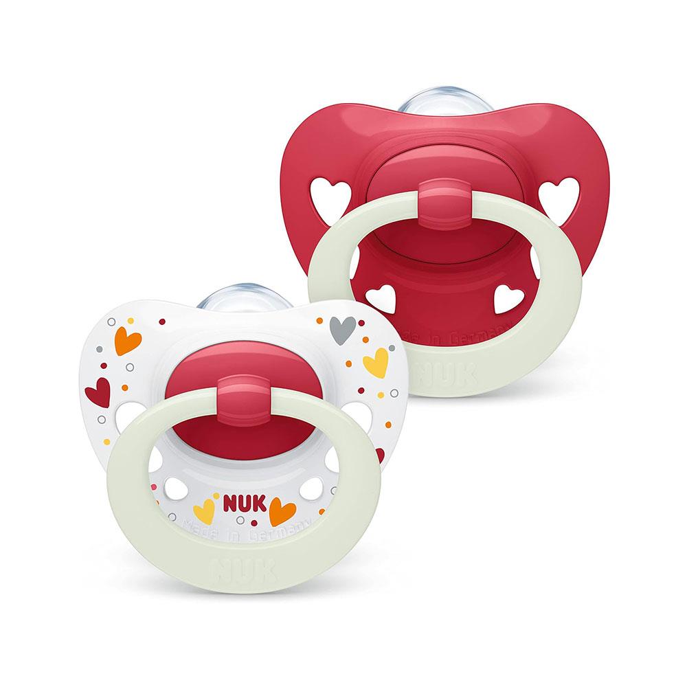 NUK Signature Night Glow-In-The-Dark Baby Soother Dummy Silicone 0-6 Months 2 Count - Red Hearts Main image