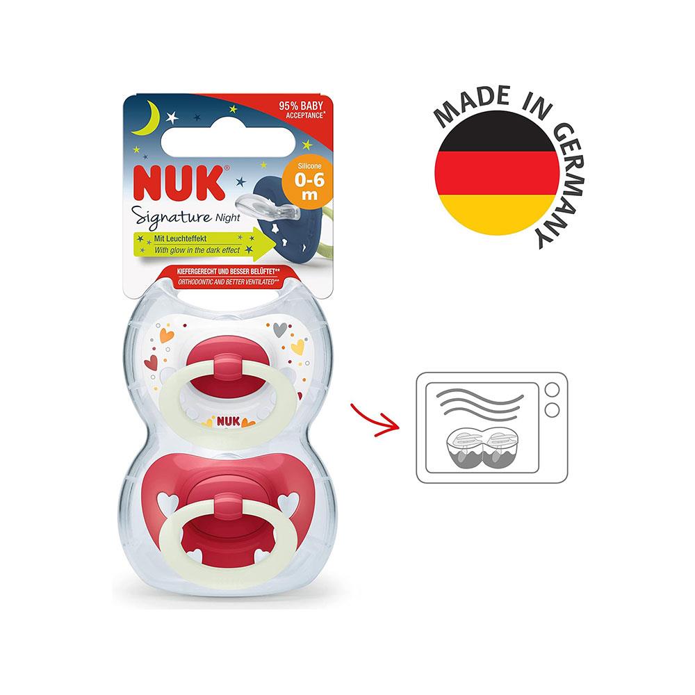 NUK Signature Night Glow-In-The-Dark Baby Soother Dummy Silicone 0-6 Months 2 Count - Red Hearts
