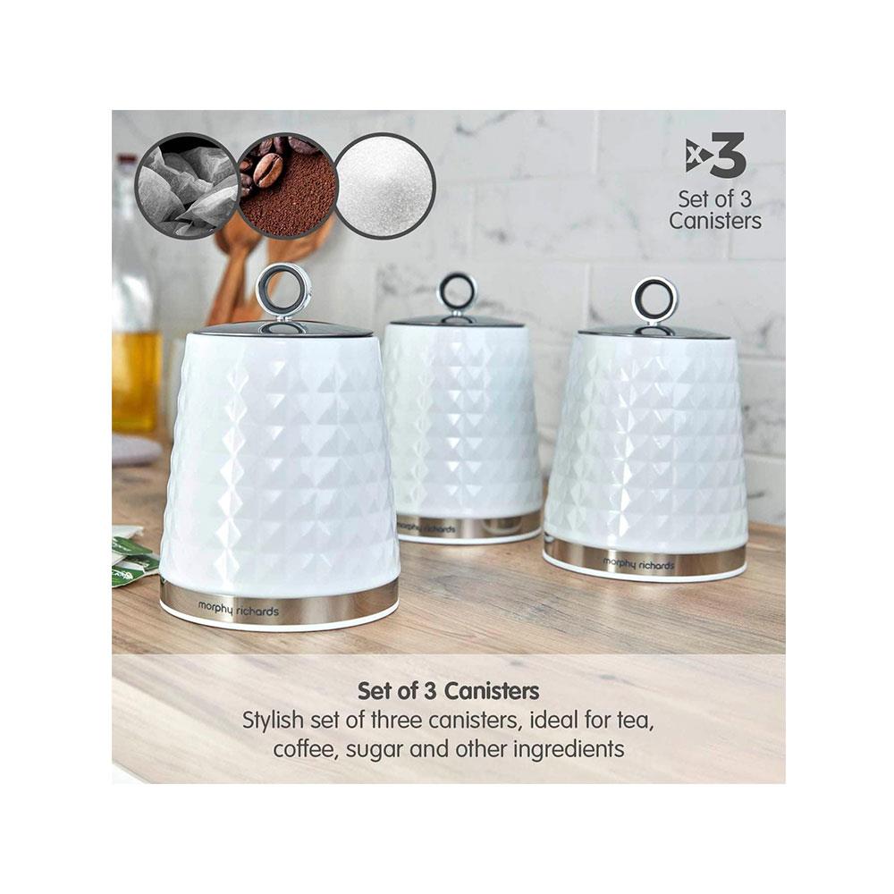 Morphy Richards Dimensions Kitchen Storage Canisters Set of 3 Stainless Steel Round - White