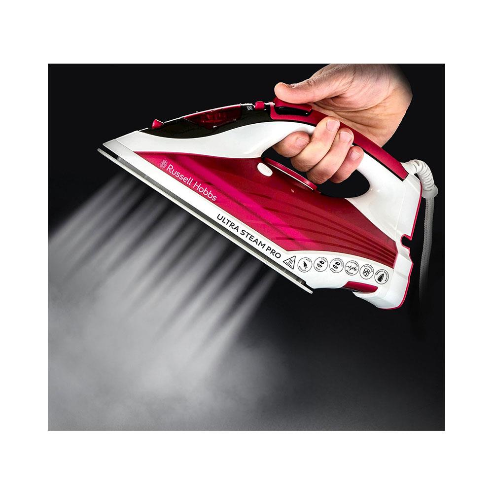 Russell Hobbs Ultra Steam Pro Iron Ceramic Non-Stick Soleplate 2600W 320ml Water Tank - White & Red
