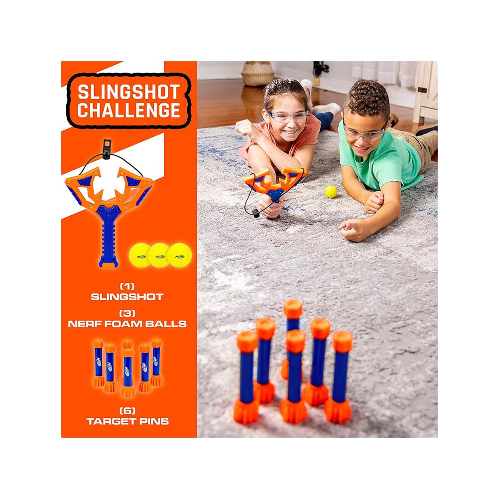 Nerf Slingshot Challenge Game Set With 1 Slingshot Balls 3 Nerf Foam Balls 6 Target Pins - Multicolour