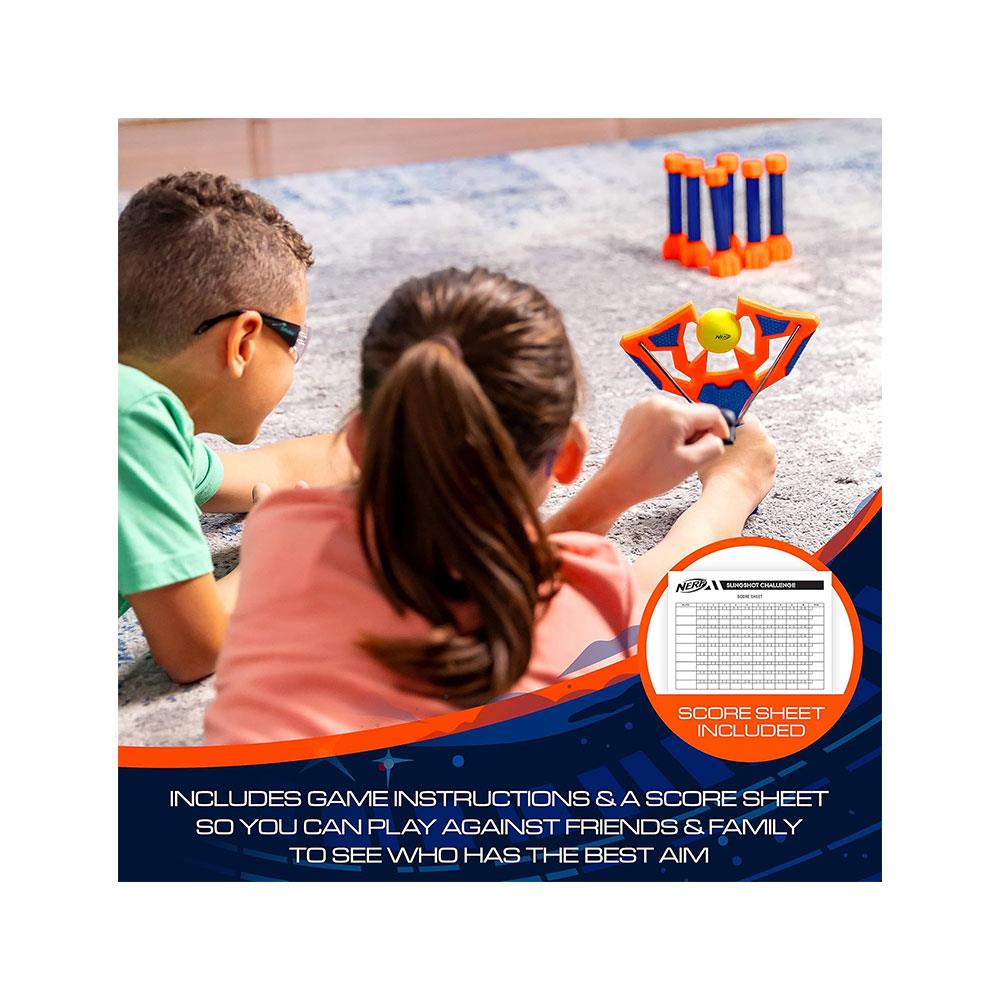 Nerf Slingshot Challenge Game Set With 1 Slingshot Balls 3 Nerf Foam Balls 6 Target Pins - Multicolour