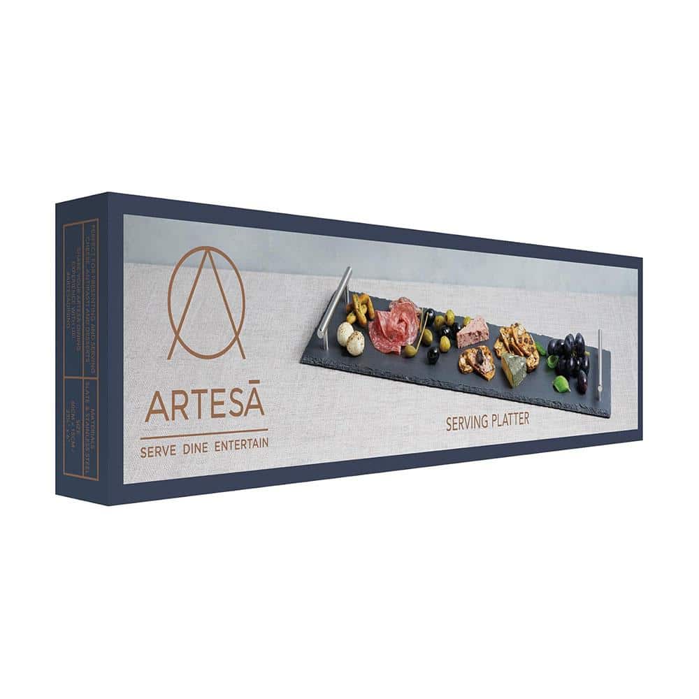 Artesa Appetiser Slate Serving Platter With Brushed Metal Handles Gift Box 60cm x 15cm - Grey