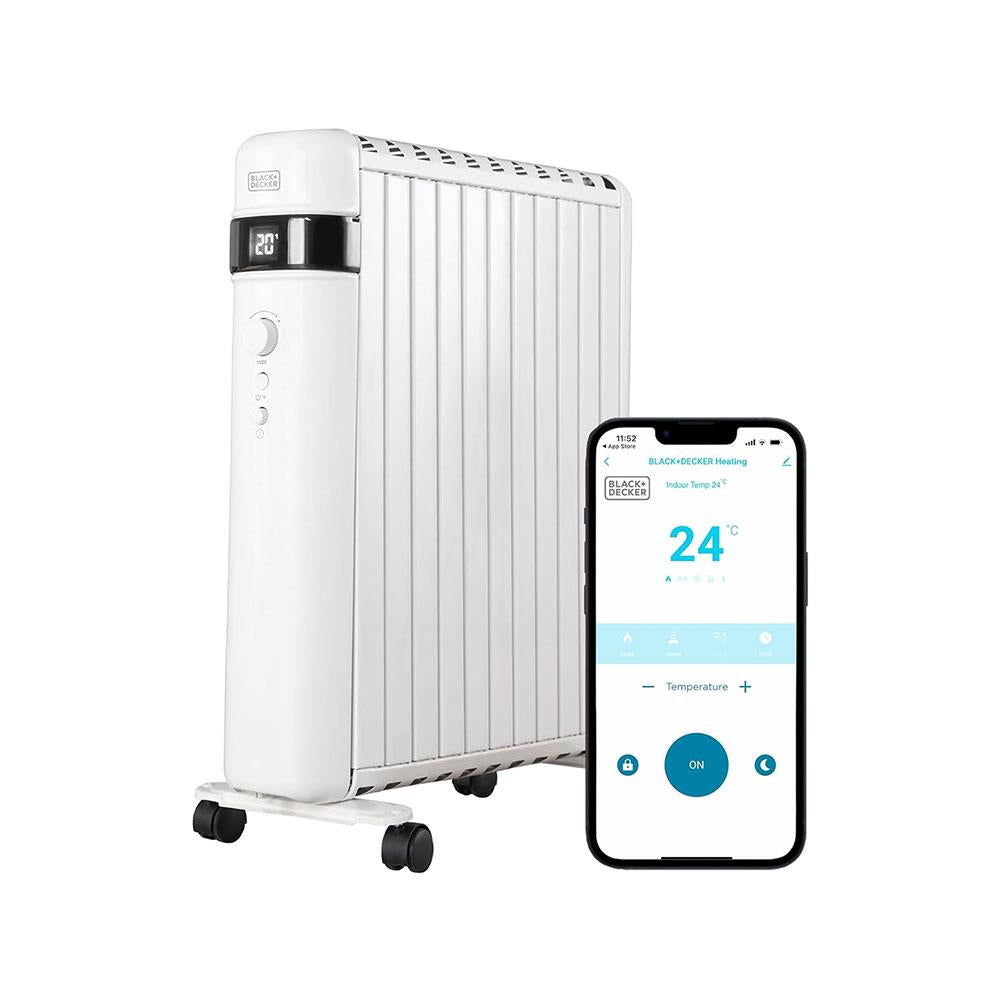 Black & Decker Smart Digital Oil Free Radiator With 3 Heat Settings Adjustable Thermostat 24H Timer 1500W - White