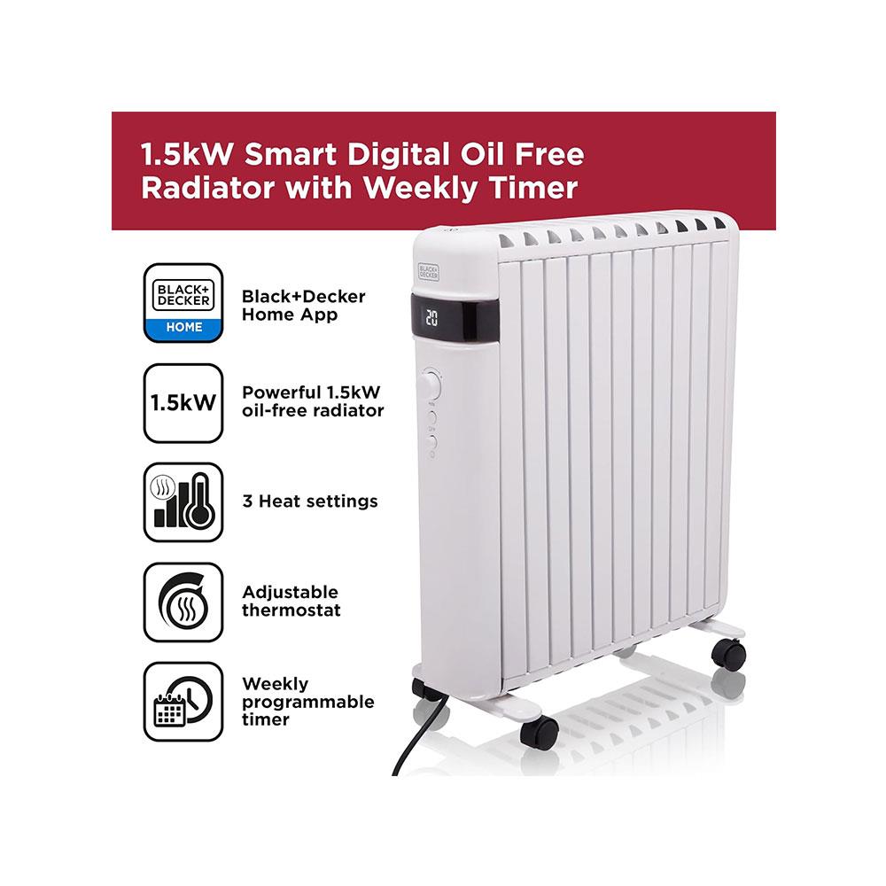 Black & Decker Smart Digital Oil Free Radiator With 3 Heat Settings Adjustable Thermostat 24H Timer 1500W - White