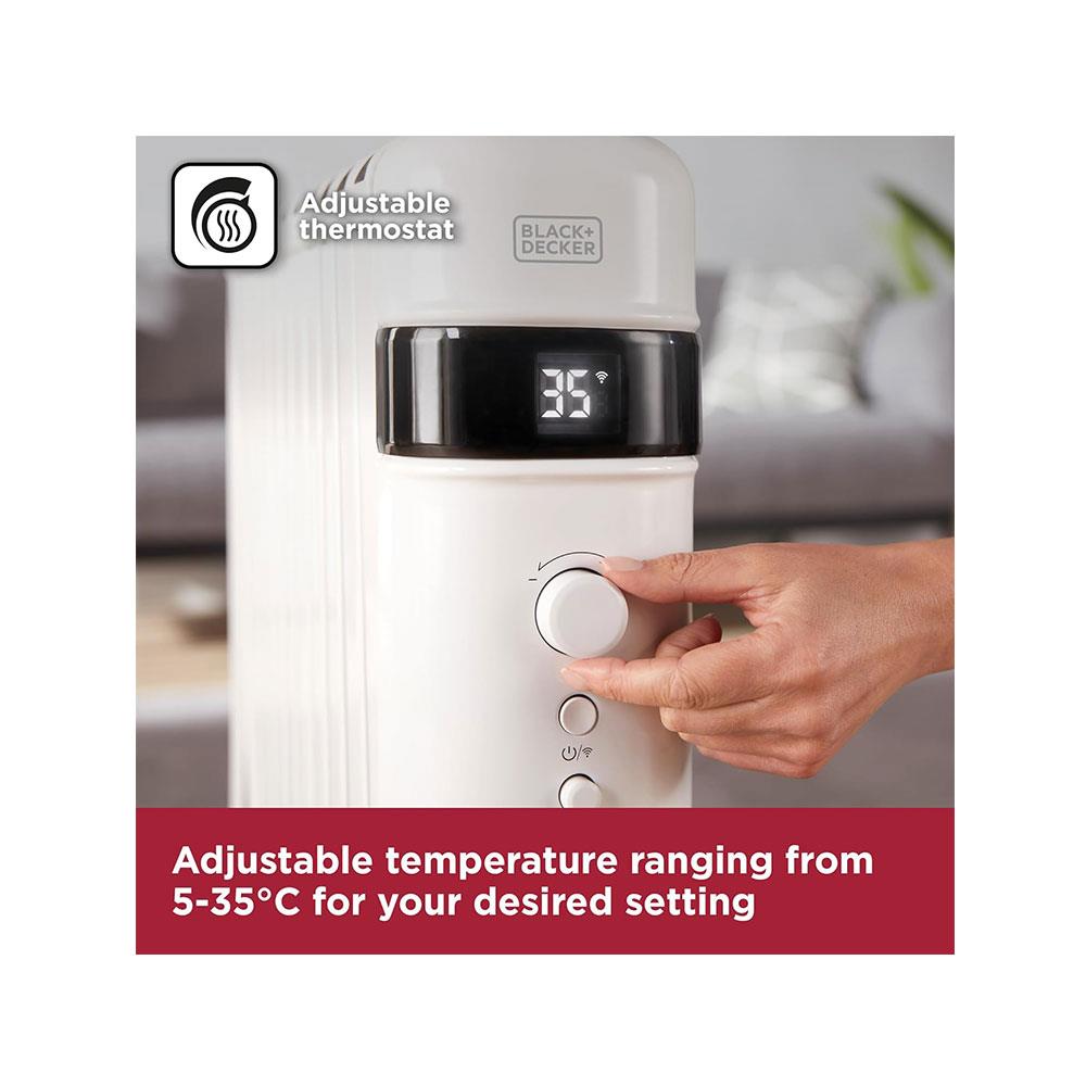 Black & Decker Smart Digital Oil Free Radiator With 3 Heat Settings Adjustable Thermostat 24H Timer 1500W - White