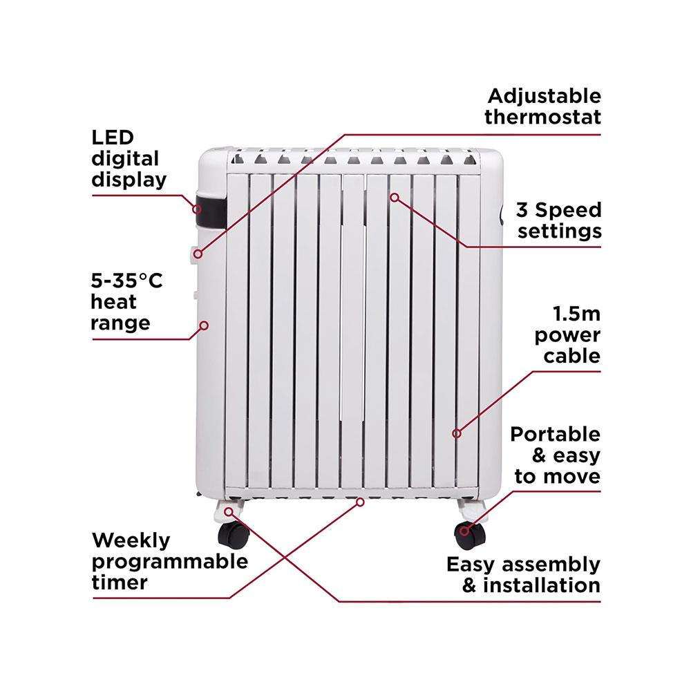 Black & Decker Smart Digital Oil Free Radiator With 3 Heat Settings Adjustable Thermostat 24H Timer 1500W - White