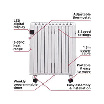 Black & Decker Smart Digital Oil Free Radiator With 3 Heat Settings Adjustable Thermostat 24H Timer 1500W - White