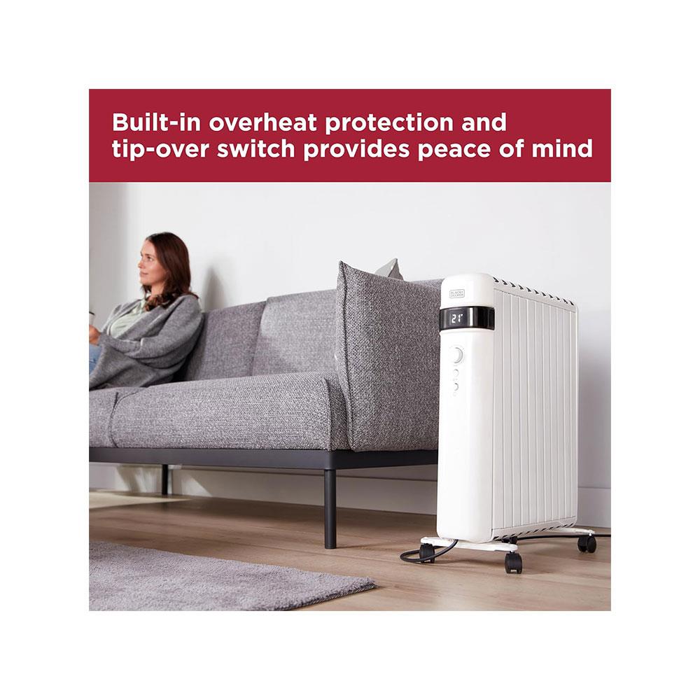 Black & Decker Smart Digital Oil Free Radiator With 3 Heat Settings Adjustable Thermostat 24H Timer 1500W - White