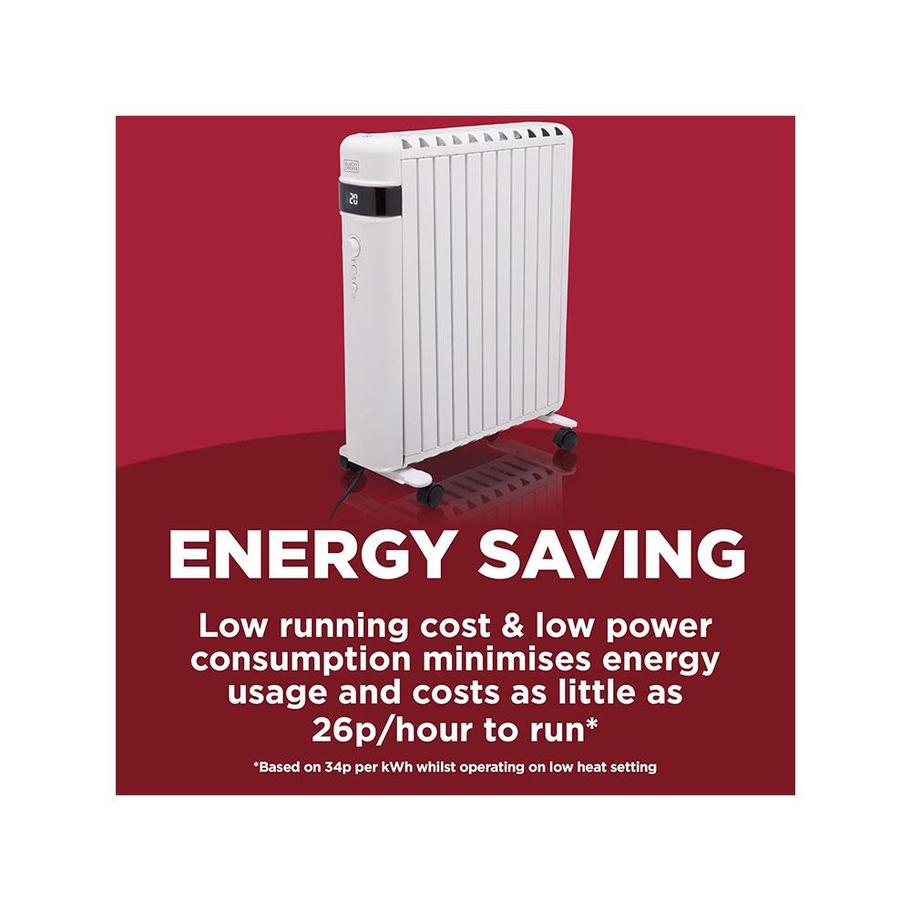 Black & Decker Smart Digital Oil Free Radiator With 3 Heat Settings Adjustable Thermostat 24H Timer 1500W - White