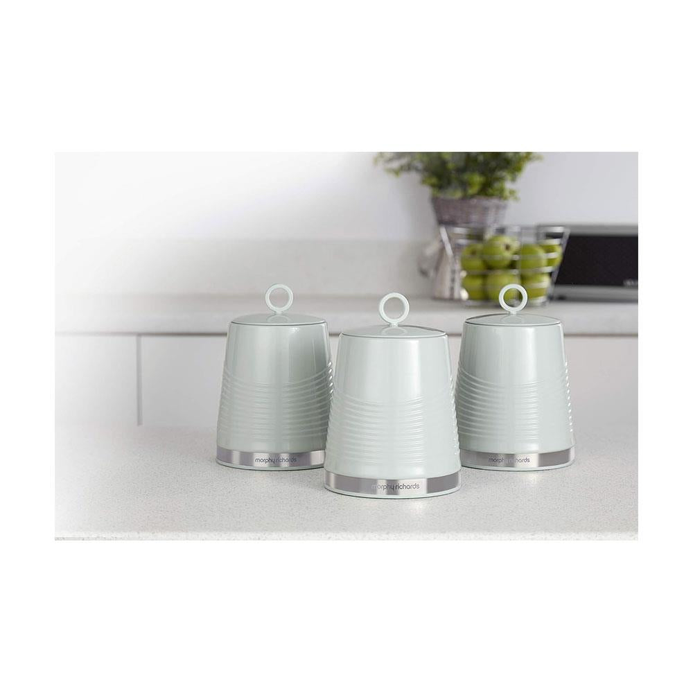 Morphy Richards Dune Tea Coffee Sugar Canisters Set of 3 Polished Stainless Steel - Sage Green