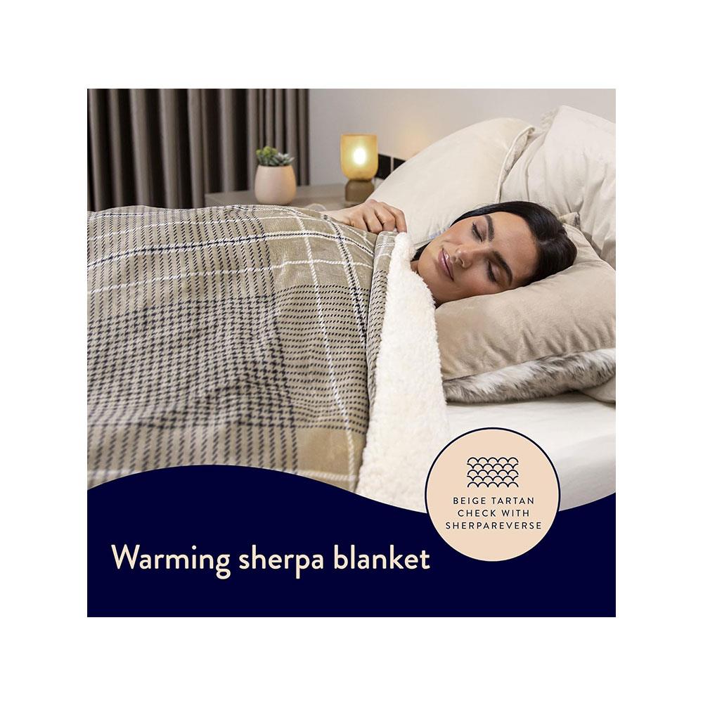 Dreamland Nap Time Heated Electric Blanket Throw With 6 Heat Settings 180cm x 135cm - Velvet Sherpa Beige Tartan Check Secondary image
