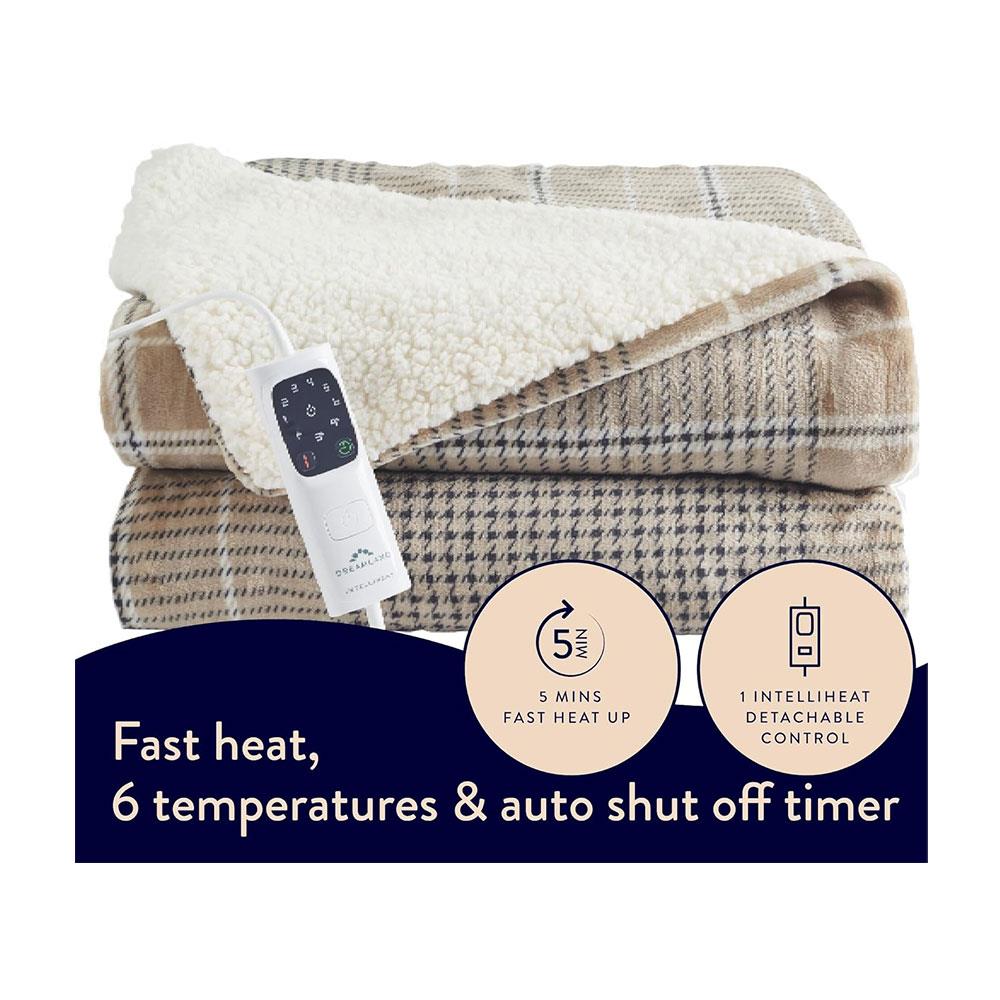 Dreamland Nap Time Heated Electric Blanket Throw With 6 Heat Settings 180cm x 135cm - Velvet Sherpa Beige Tartan Check