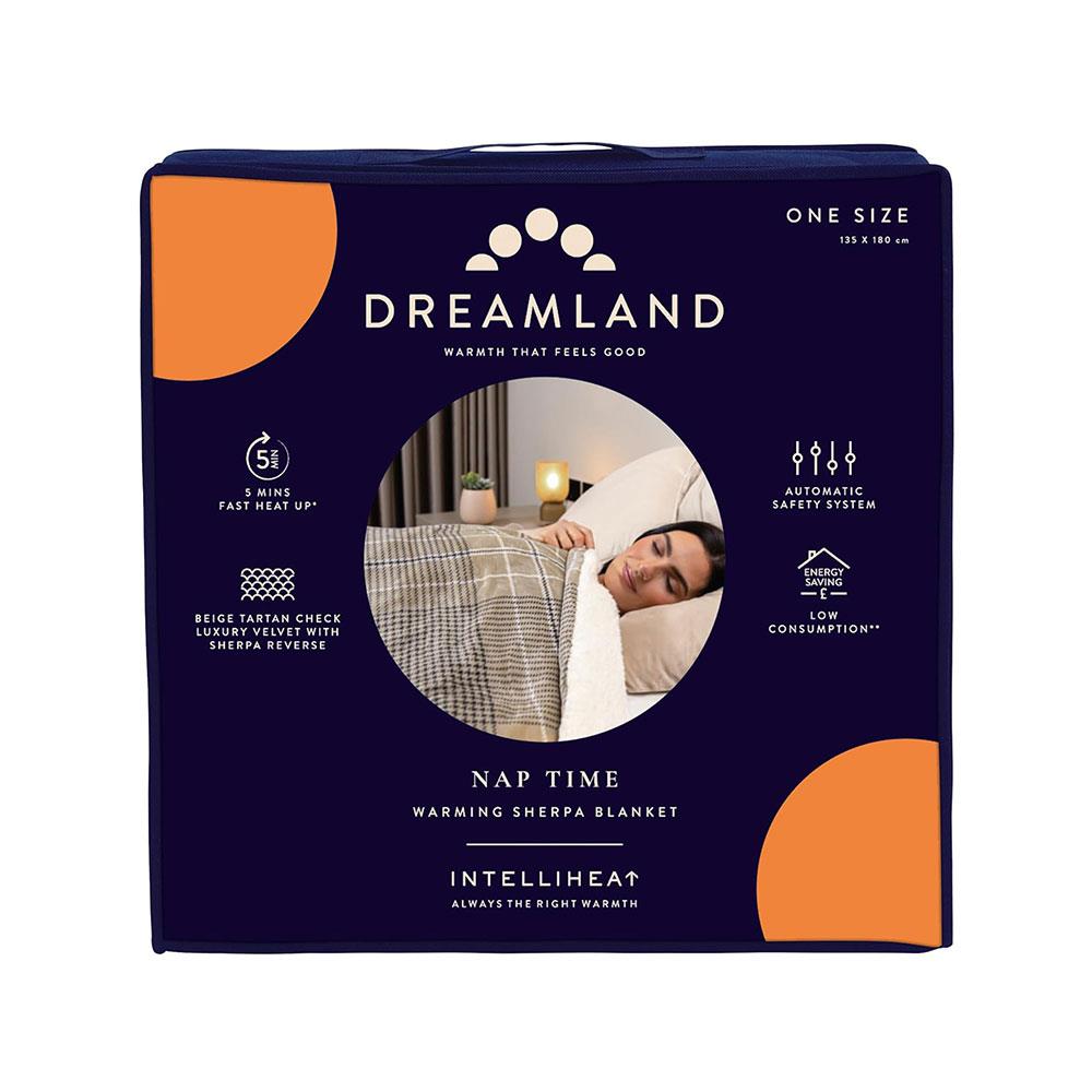 Dreamland Nap Time Heated Electric Blanket Throw With 6 Heat Settings 180cm x 135cm - Velvet Sherpa Beige Tartan Check