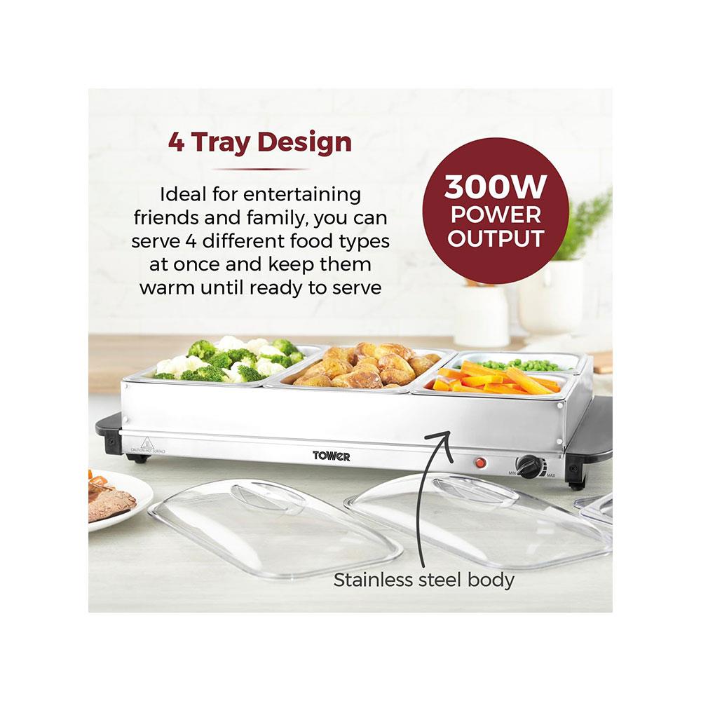 Tower 4 Tray Buffet Server Stainless Steel 4 Tray Design Detachable Pots  300W - Silver