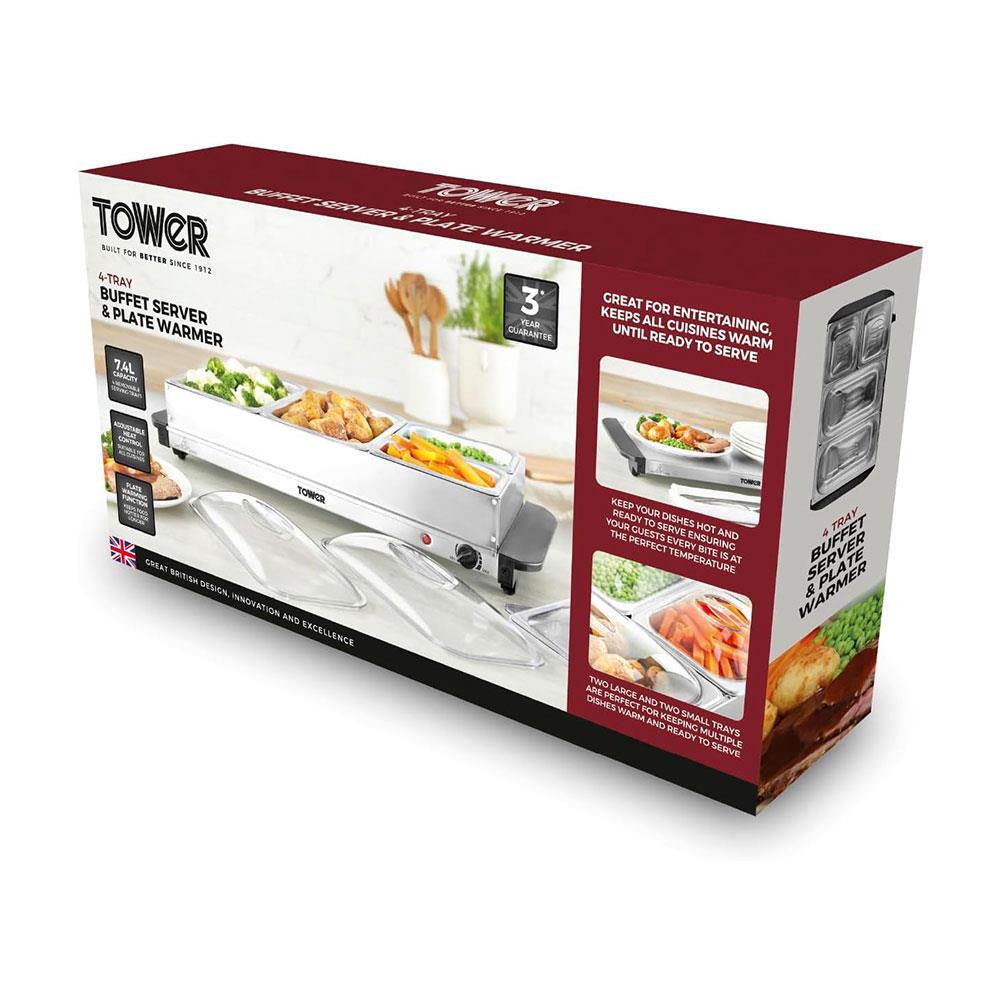 Tower 4 Tray Buffet Server Stainless Steel 4 Tray Design Detachable Pots  300W - Silver