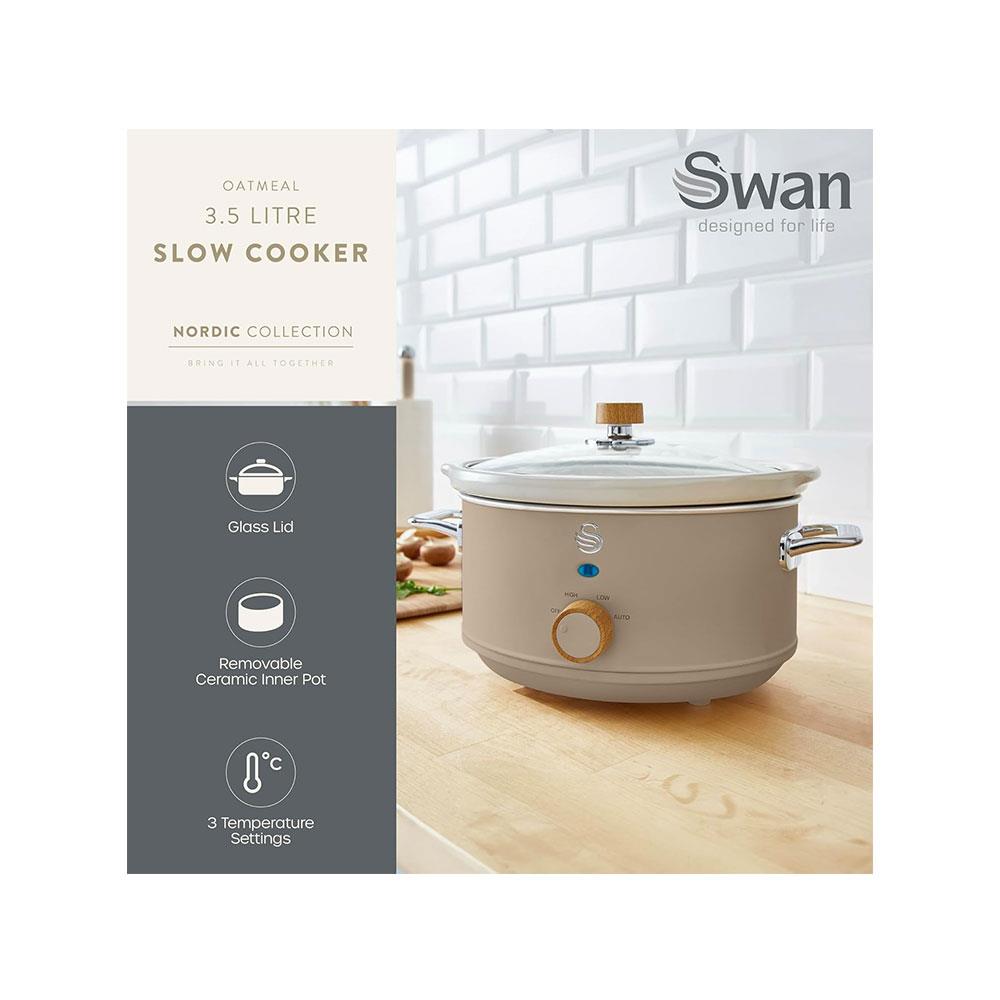 Swan Nordic Slow Cooker 3.5 Litres With Glass Lid & 3 Temperature Settings 200W - Oatmeal