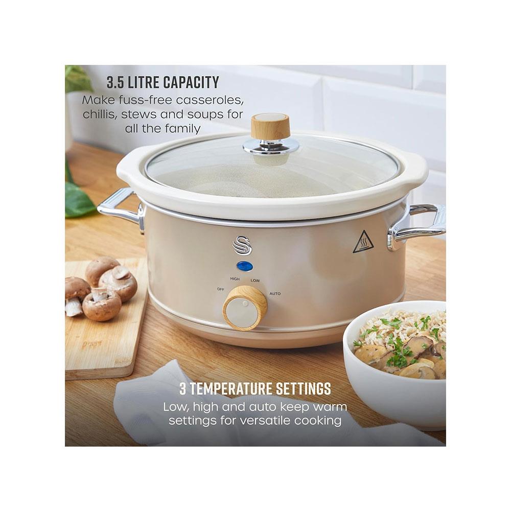 Swan Nordic Slow Cooker 3.5 Litres With Glass Lid & 3 Temperature Settings 200W - Oatmeal