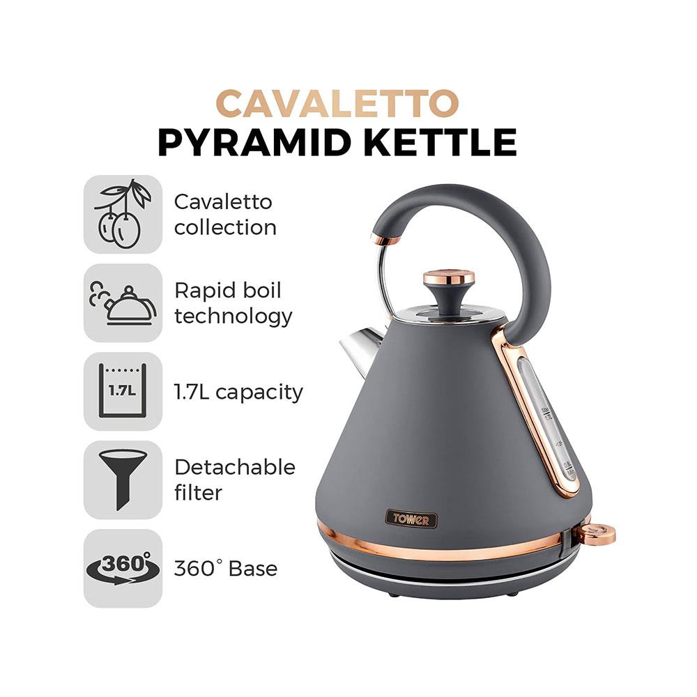Tower Cavaletto Pyramid Electric Kettle 3000W 1.7 Litre - Grey & Rose Gold