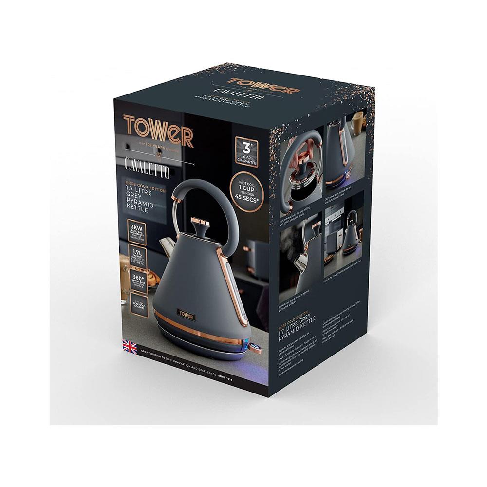Tower Cavaletto Pyramid Electric Kettle 3000W 1.7 Litre - Grey & Rose Gold
