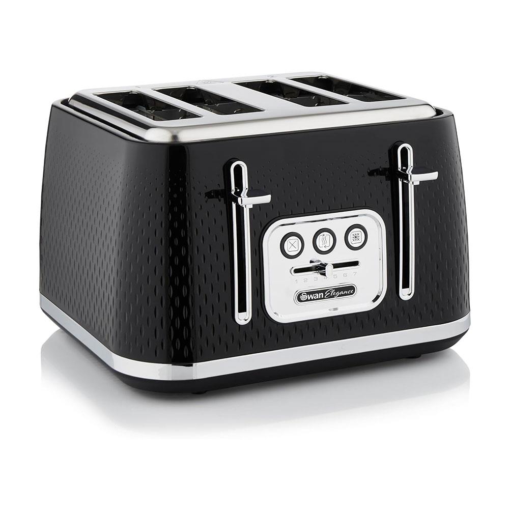 Swan Elegance 4 Slice Toaster With 7 Browning Levels Textured Black Gloss Finish Chrome Trim 2100W - Black