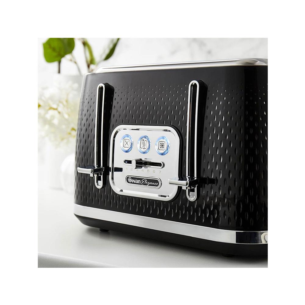Swan Elegance 4 Slice Toaster With 7 Browning Levels Textured Black Gloss Finish Chrome Trim 2100W - Black