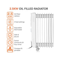 Warmlite 11 Fin Portable Oil-Filled Radiator 2500W With 3 Heat Settings & Adjustable Thermostat - White