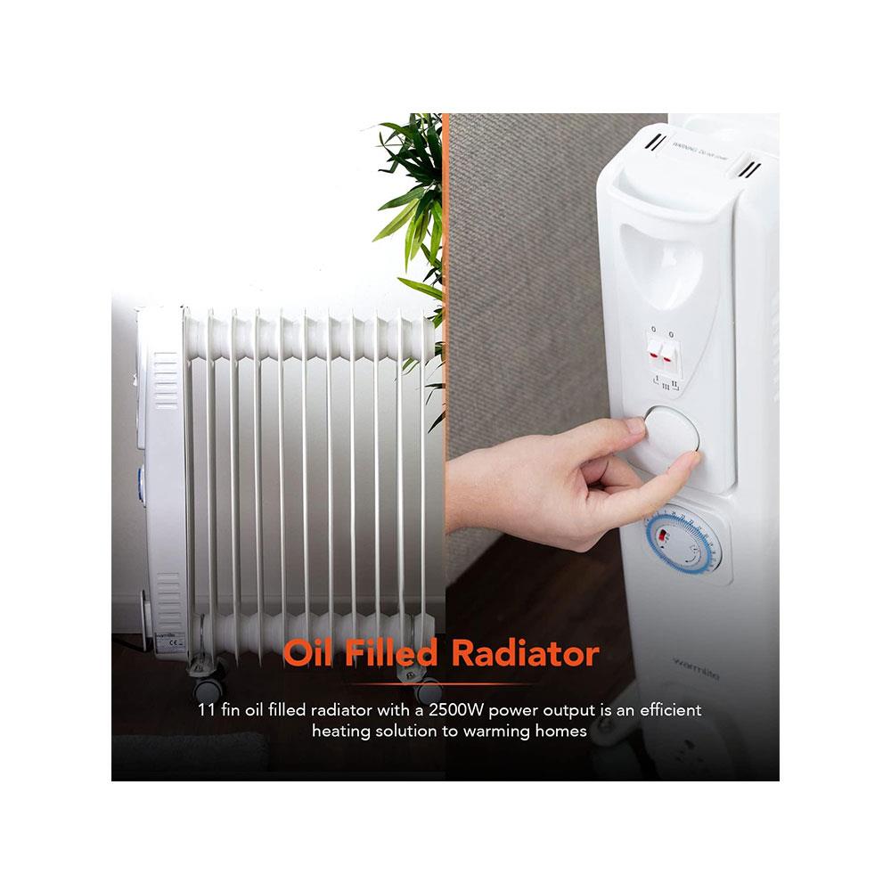 Warmlite 11 Fin Portable Oil-Filled Radiator 2500W With 3 Heat Settings & Adjustable Thermostat - White
