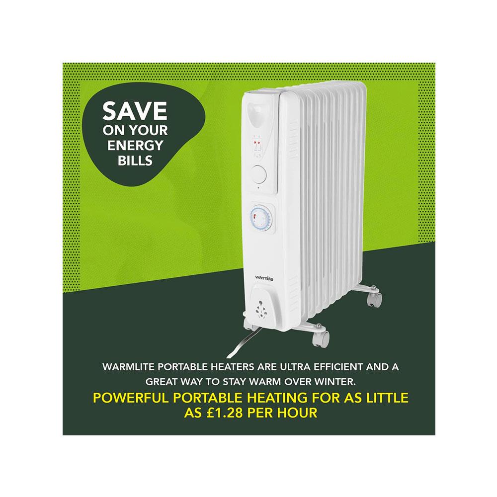 Warmlite 11 Fin Portable Oil-Filled Radiator 2500W With 3 Heat Settings & Adjustable Thermostat - White