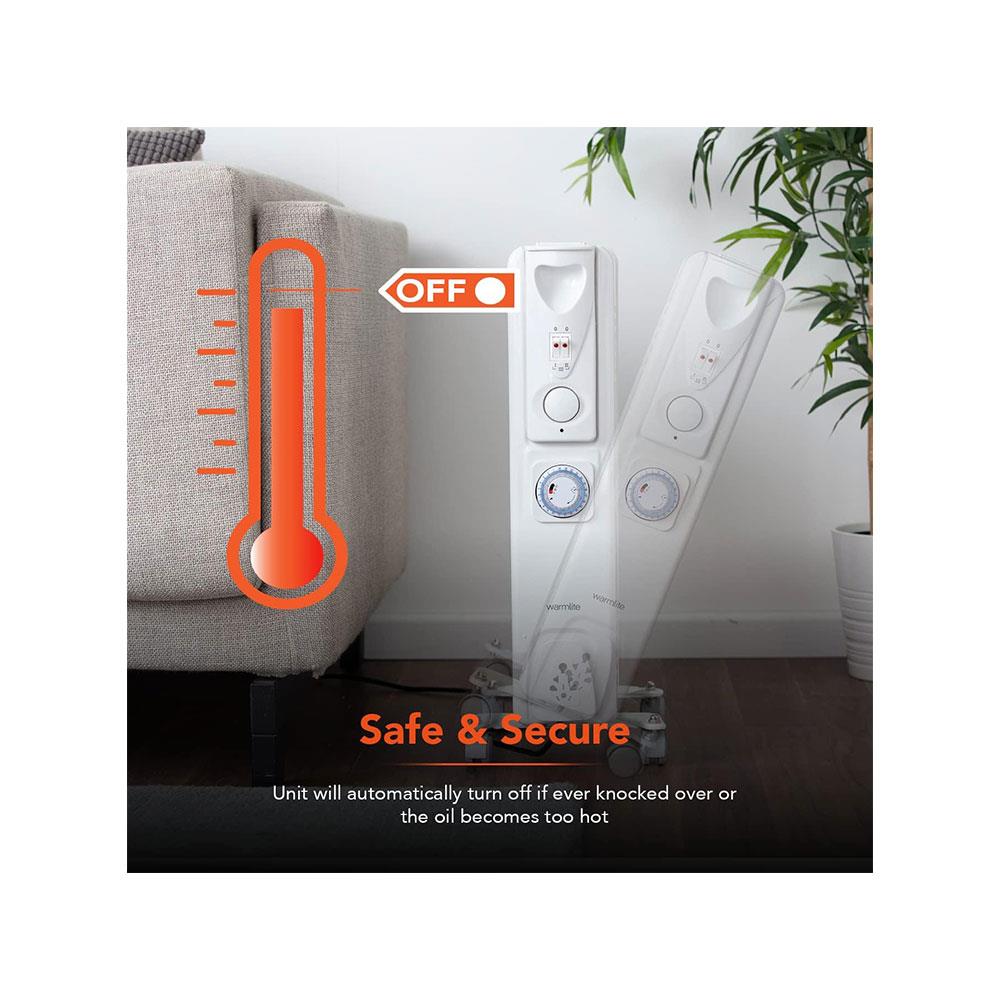 Warmlite 11 Fin Portable Oil-Filled Radiator 2500W With 3 Heat Settings & Adjustable Thermostat - White
