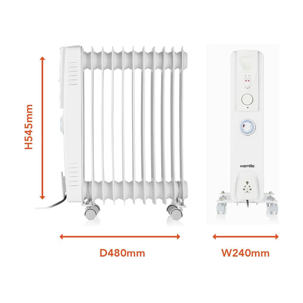 Warmlite 11 Fin Portable Oil-Filled Radiator 2500W With 3 Heat Settings & Adjustable Thermostat - White