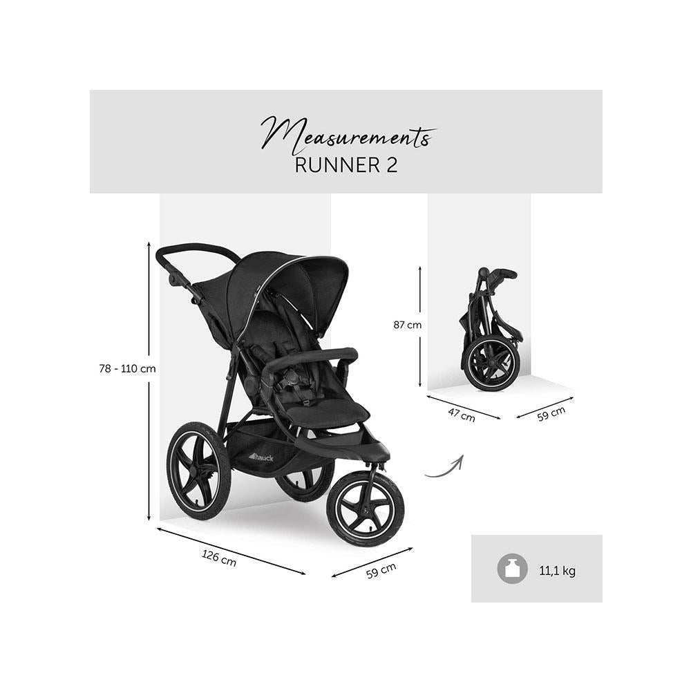 Hauck Runner 2 Robust All Terrain Pushchair With Raincover XL Pneumatic Air Wheels From Birth Up To 22kg - Black