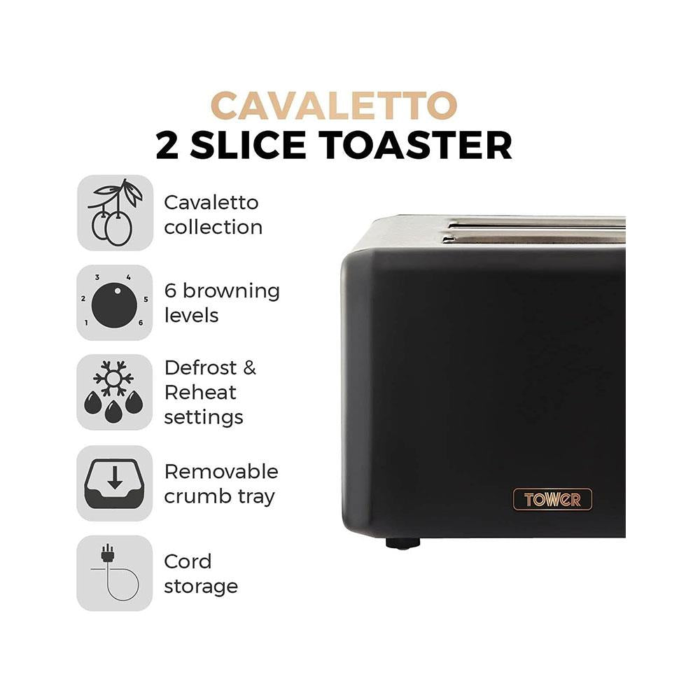 Tower Cavaletto 2 Slice Toaster Stainless Steel 850W - Black & Rose Gold