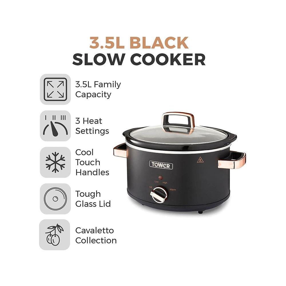 Tower Cavaletto Slow Cooker 3.5 Litre With 3 Heat Settings Removable Pot & Cool Touch Handles - Black & Rose Gold Secondary image