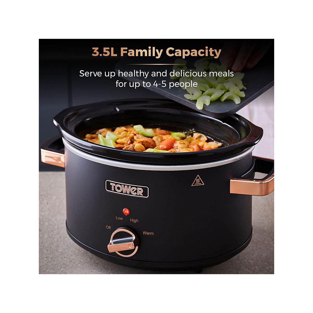 Tower Cavaletto Slow Cooker 3.5 Litre With 3 Heat Settings Removable Pot & Cool Touch Handles - Black & Rose Gold