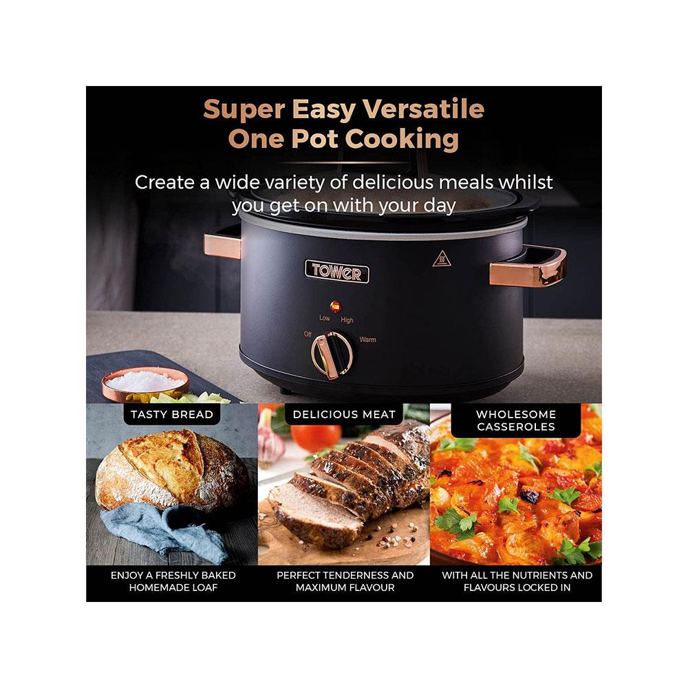 Tower Cavaletto Slow Cooker 3.5 Litre With 3 Heat Settings Removable Pot & Cool Touch Handles - Black & Rose Gold