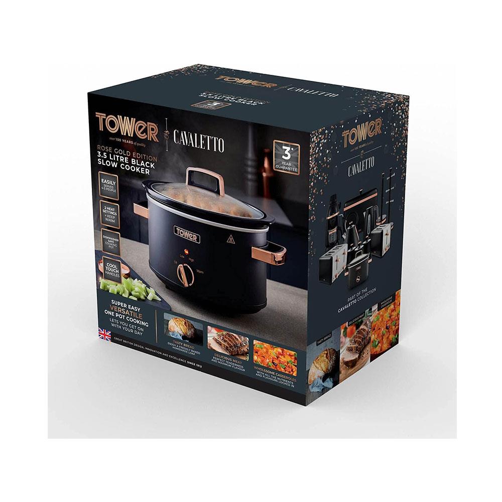 Tower Cavaletto Slow Cooker 3.5 Litre With 3 Heat Settings Removable Pot & Cool Touch Handles - Black & Rose Gold