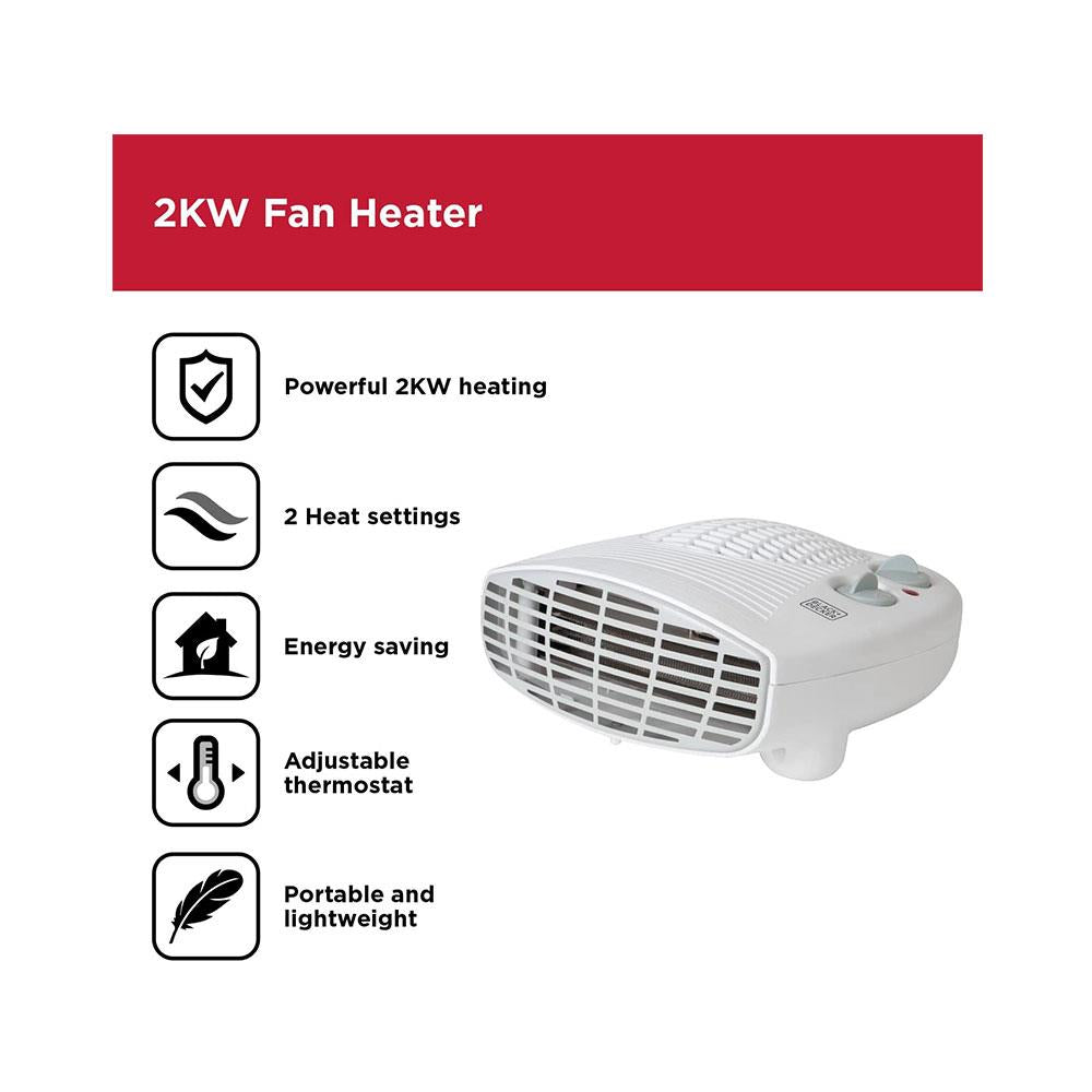 Black & Decker Fan Heater 2000W With 2 Heat Settings Adjustable Thermostat Overheat Protection - White