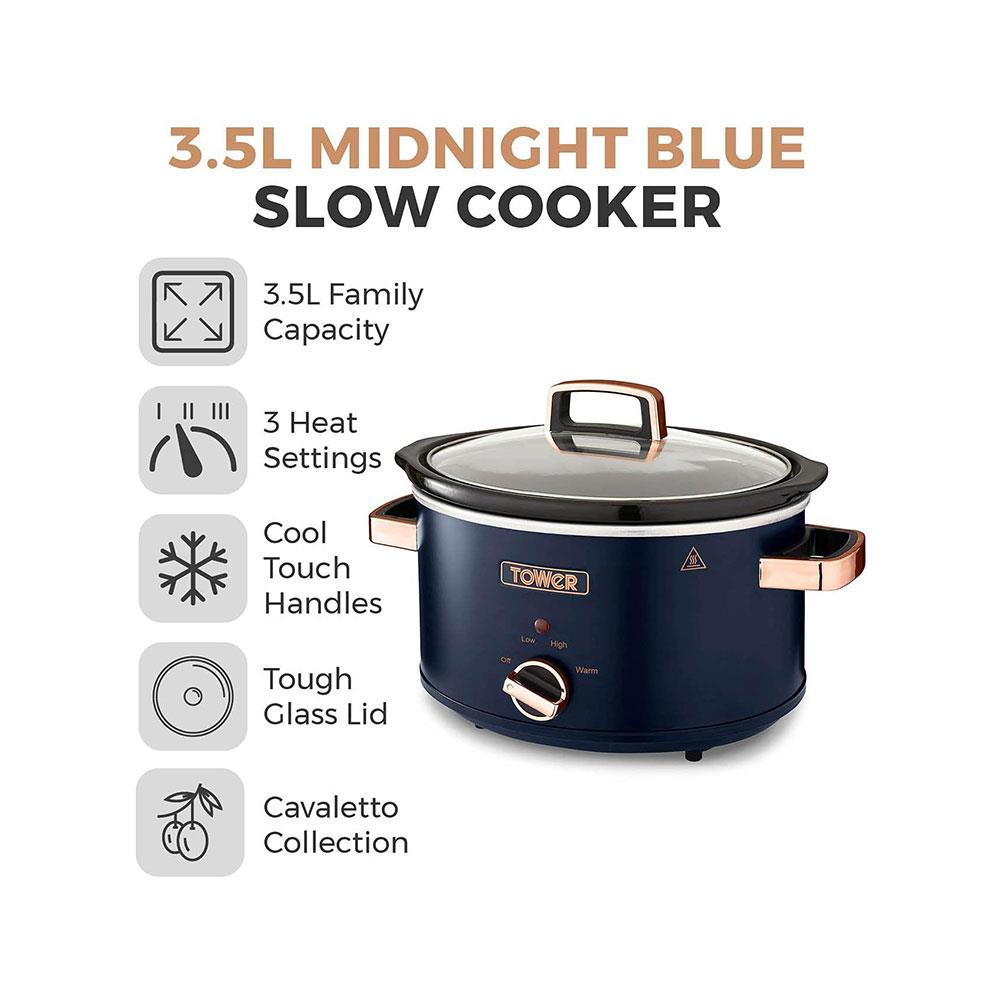 Tower Cavaletto Slow Cooker 3.5 Litres With 3 Heat Settings Cool Touch Handles 210W - Midnight Blue & Rose Gold