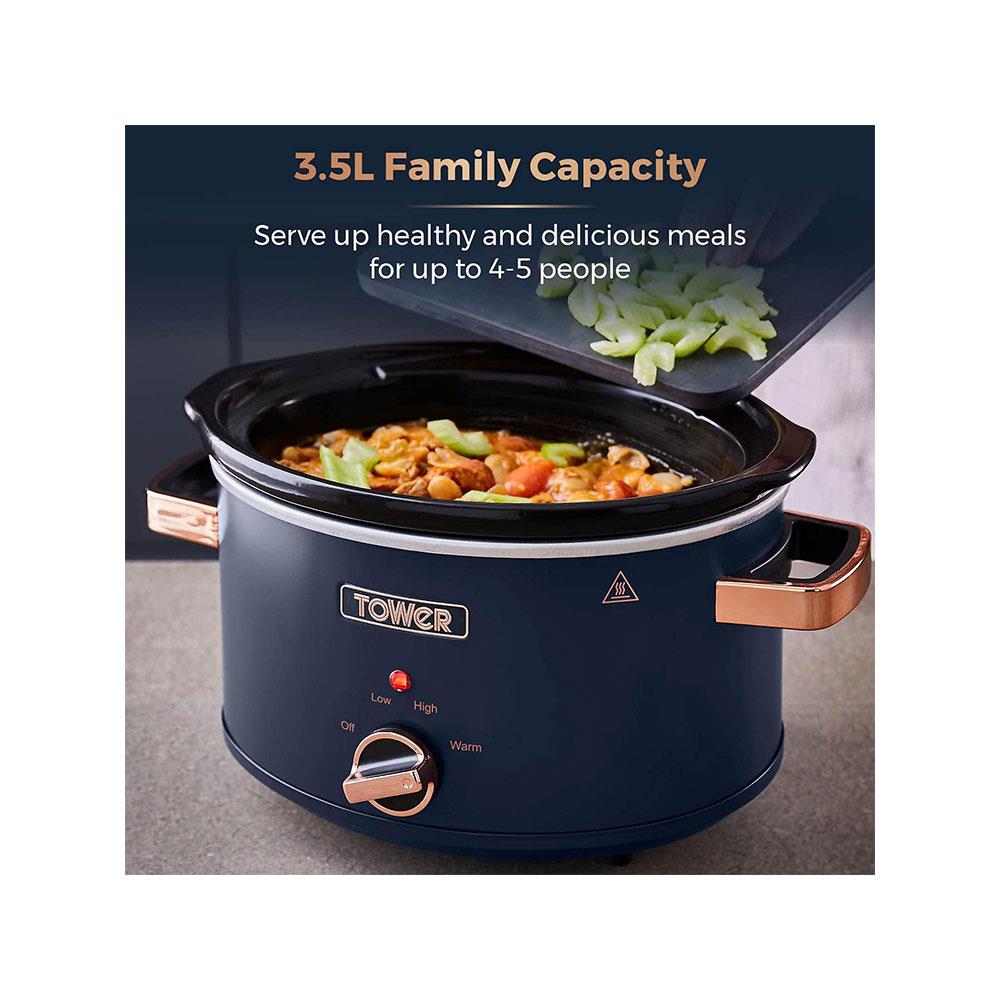 Tower Cavaletto Slow Cooker 3.5 Litres With 3 Heat Settings Cool Touch Handles 210W - Midnight Blue & Rose Gold