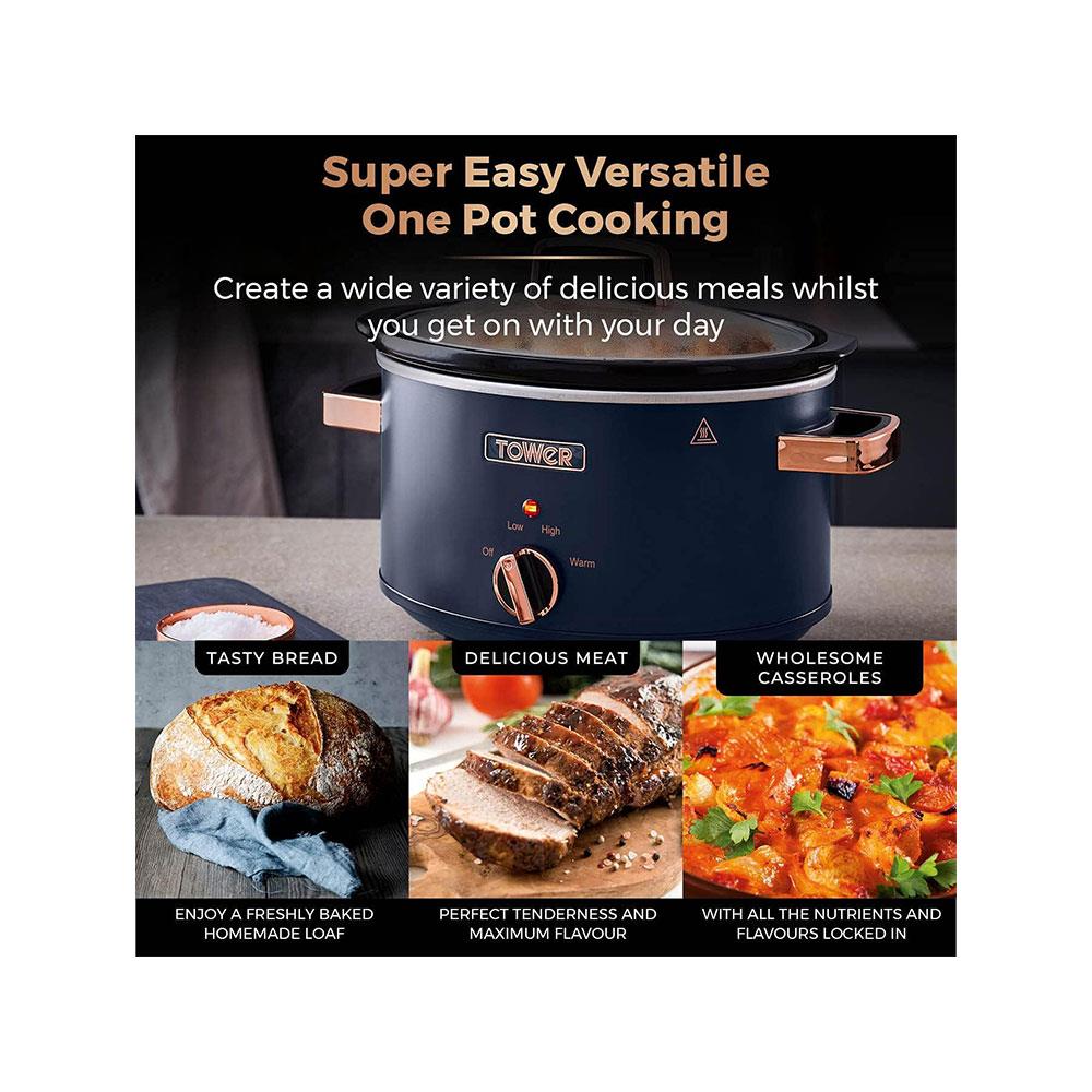 Tower Cavaletto Slow Cooker 3.5 Litres With 3 Heat Settings Cool Touch Handles 210W - Midnight Blue & Rose Gold