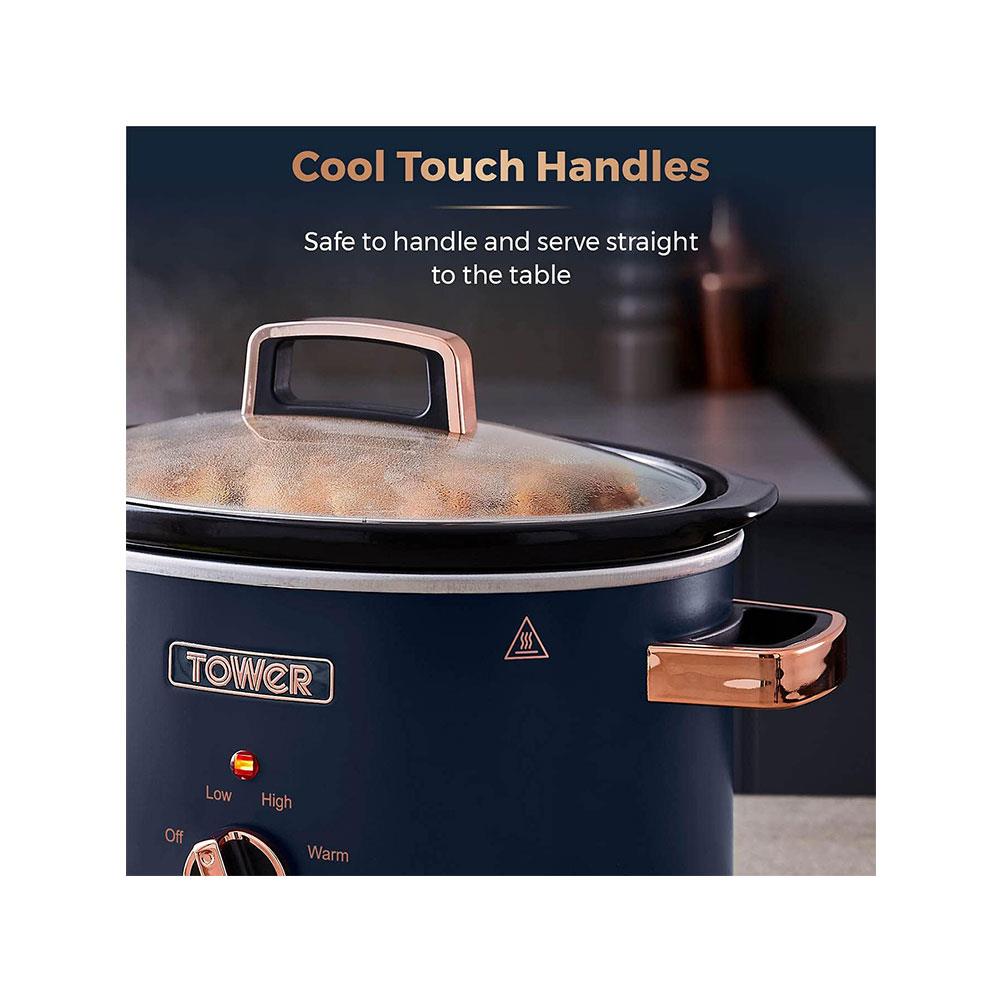 Tower Cavaletto Slow Cooker 3.5 Litres With 3 Heat Settings Cool Touch Handles 210W - Midnight Blue & Rose Gold